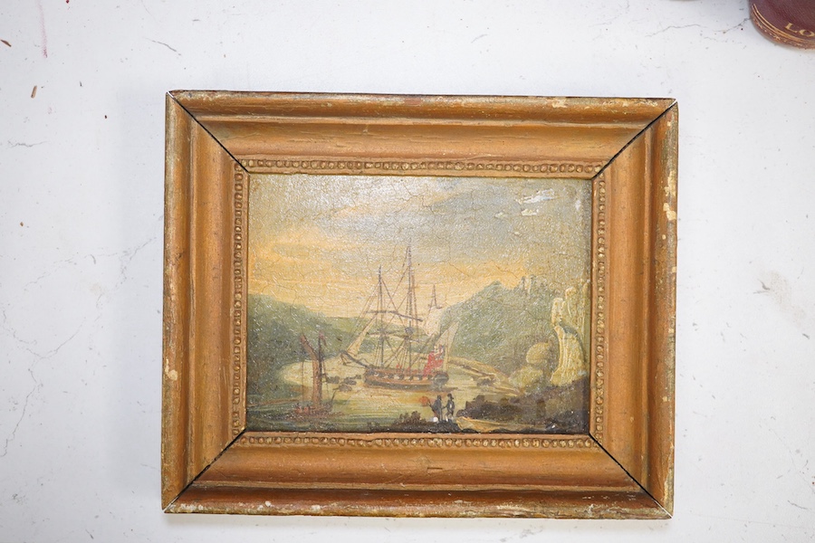 Early 19th century, naive School, oil on board, 'Endeavour at Tahiti, unsigned, 10 x 13cm, gilt framed. Condition - poor to fair, craquelure throughout